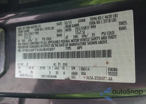 2016 Ford Escape S из США, поврежденный, VIN 1FMCU0F7XGUB30257